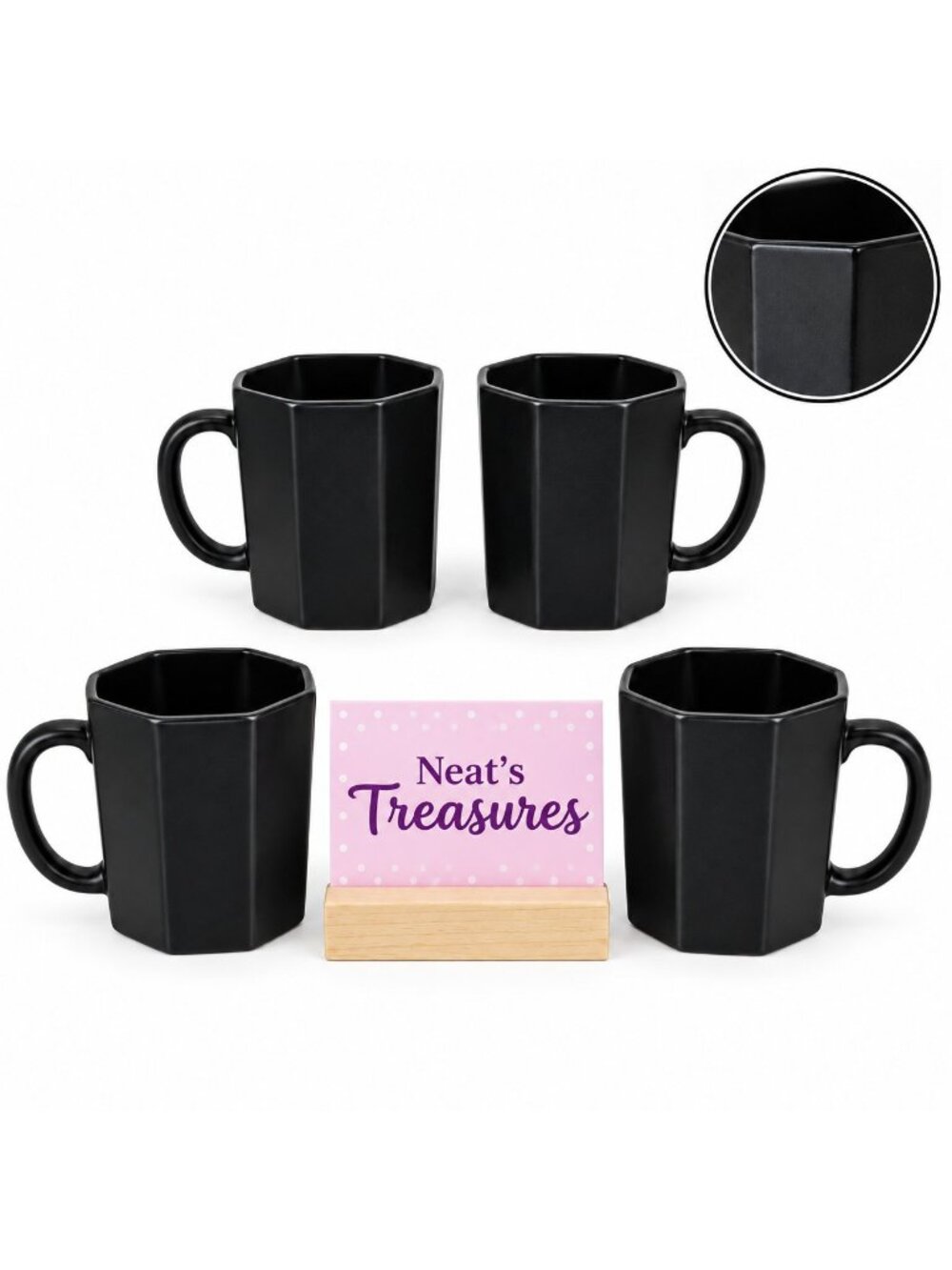 Arcoroc OCTIME France Black Octagon Shape No Trim Blown Glass 10oz Cup Mug Set 4